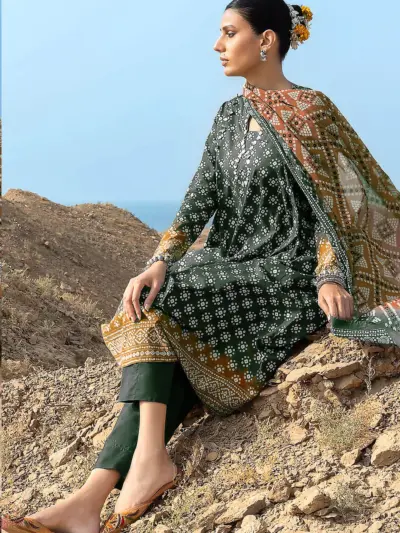 Women’s Green Printed Lawn Unstitched 3 Piece Suit with Dupatta