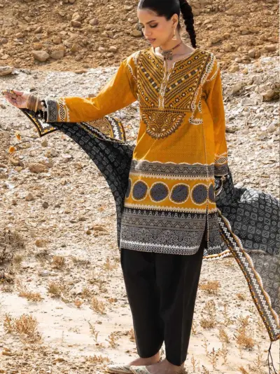 Women’s Golden Printed Lawn Unstitched 3 Piece Suit with Dupatta