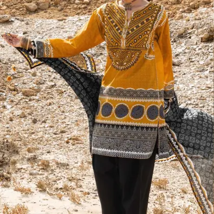 Women’s Golden Printed Lawn Unstitched 3 Piece Suit with Dupatta