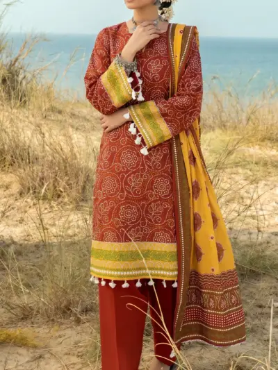 Women’s Red Printed Lawn Unstitched 3 Piece Suit with Dupatta