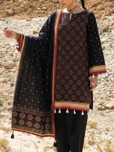 Women’s Black Printed Lawn Unstitched 3 Piece Suit with Dupatta