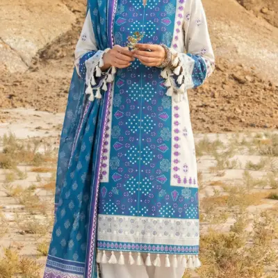 Women’s Blue Printed Lawn Unstitched 3 Piece Suit with Dupatta