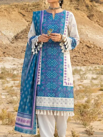 Women’s Blue Printed Lawn Unstitched 3 Piece Suit with Dupatta