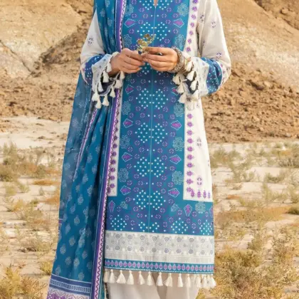 Women’s Blue Printed Lawn Unstitched 3 Piece Suit with Dupatta