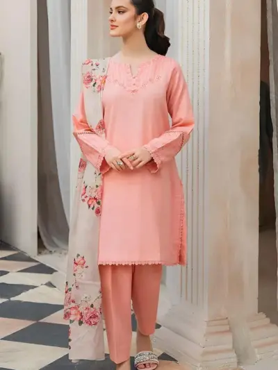 Women’s Pink Embroidered Lawn 3 Piece Suit Set with Diamond Dupatta