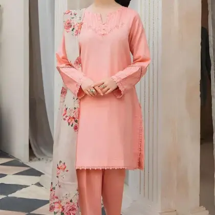 Women’s Pink Embroidered Lawn 3 Piece Suit Set with Diamond Dupatta