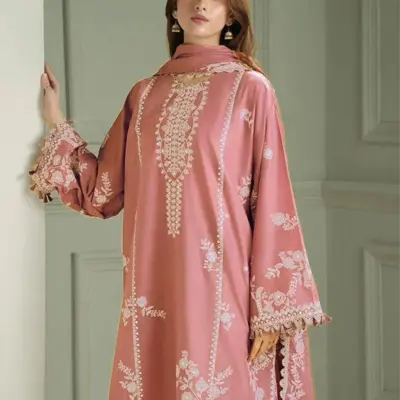Women’s Pink Embroidered Lawn 3 Piece Suit Set with Monar Lawn Dupatta