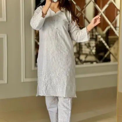Buy White Chikankari Cotton 2Pcs Kurta Set