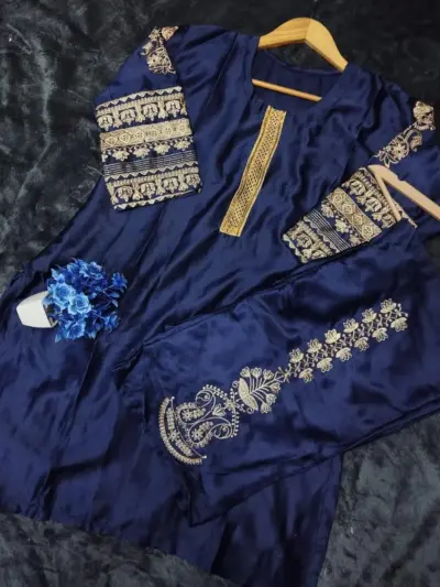 Buy Blue Embroidered 2-Piece Silk Dress Online