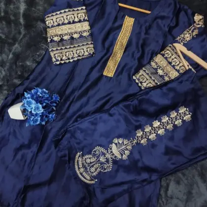 Buy Blue Embroidered 2-Piece Silk Dress Online