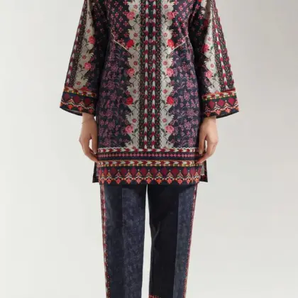Buy Black Lawn Printed Ban Collar Shirt Trouser Set