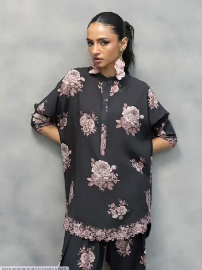 Buy Black Floral Lawn Kurta Set Online in Pakistan