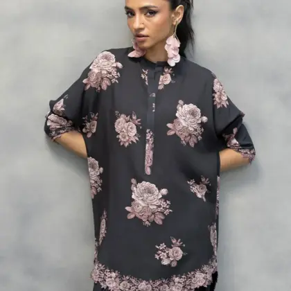 Buy Black Floral Lawn Kurta Set Online in Pakistan