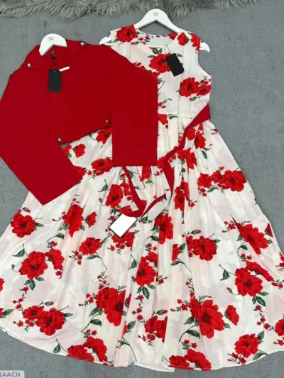 Buy Digital Printed Red Rose Maxi Dress with Cotton Koti