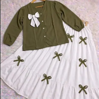 Buy KaaJ Button Top with Bow Work Skirt Set Olive White Online
