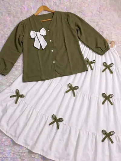 Buy KaaJ Button Top with Bow Work Skirt Set Olive White Online