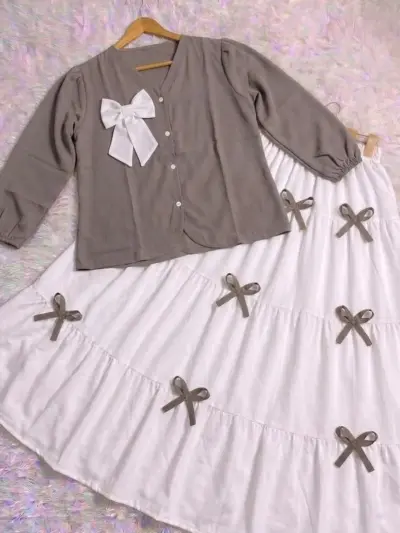 Buy KaaJ Button Top with Bow Work Skirt Set for Women