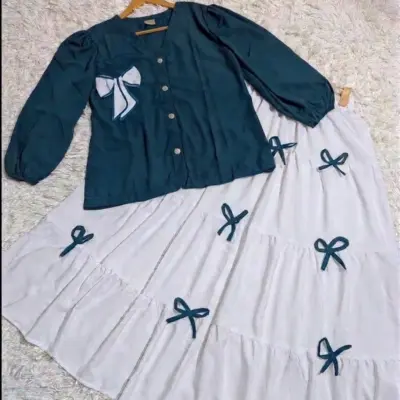 Buy KaaJ Button Top with Bow Work Skirt Set Blue