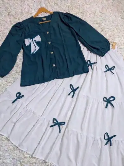 Buy KaaJ Button Top with Bow Work Skirt Set Blue