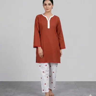 Buy Brown Lawn Embroidered Kurta Set Medium Online