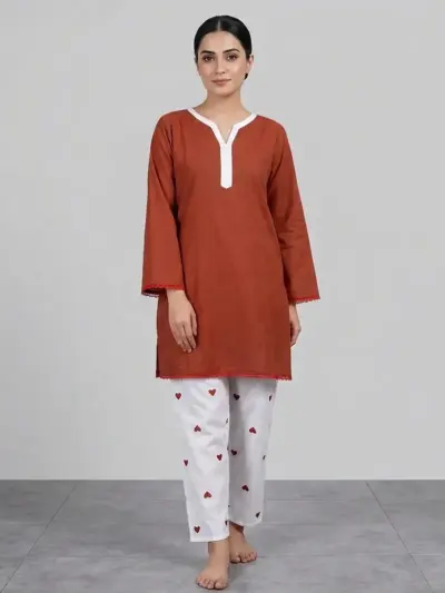 Buy Brown Lawn Embroidered Kurta Set Medium Online
