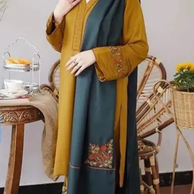 3-Piece Dhanak Embroidered Suit Mustard & Teal Unstitched Dress for Women