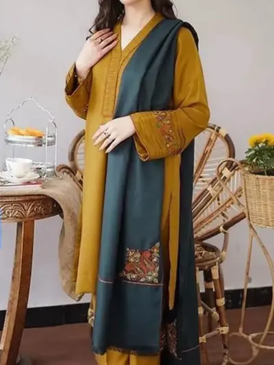 3-Piece Dhanak Embroidered Suit Mustard & Teal Unstitched Dress for Women