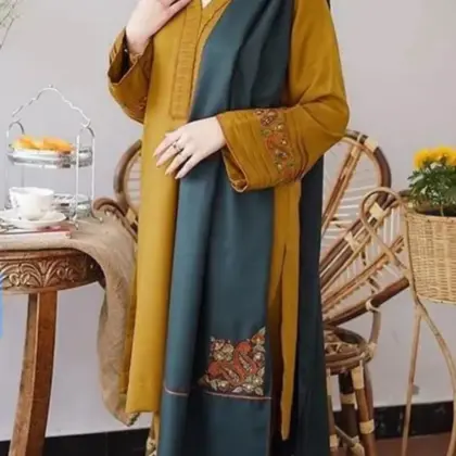 3-Piece Dhanak Embroidered Suit Mustard & Teal Unstitched Dress for Women