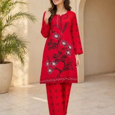 Buy Red Printed Linen 2Pcs Kurta Set for Women