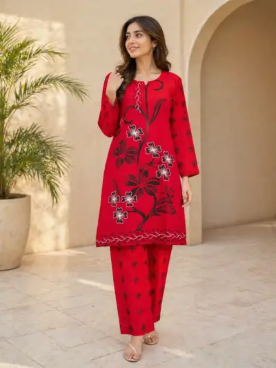 Buy Red Printed Linen 2Pcs Kurta Set for Women