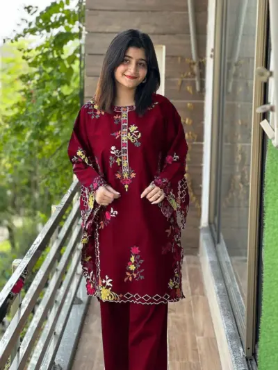 Buy Maroon Embroidered 2Pcs Kurta Trouser Set