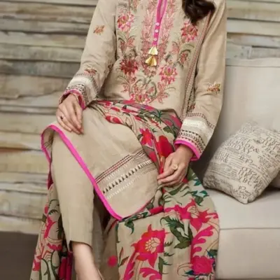 3-Piece Embroidered Dhanak Suit with Printed Dupatta Brown Unstitched Dress for Women