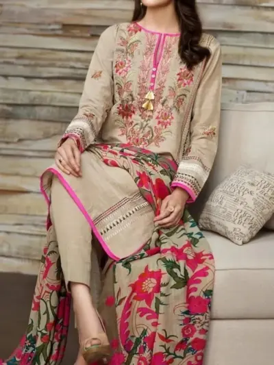 3-Piece Embroidered Dhanak Suit with Printed Dupatta Brown Unstitched Dress for Women