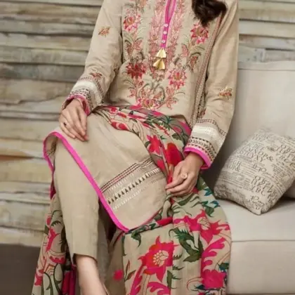3-Piece Embroidered Dhanak Suit with Printed Dupatta Brown Unstitched Dress for Women