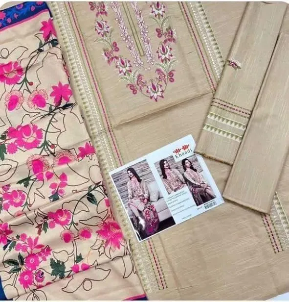 3-Piece Embroidered Dhanak Suit with Printed Dupatta Brown Unstitched Dress for Women