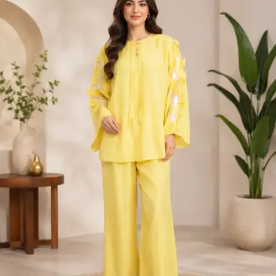 Buy Women Raw Silk Hand Work Suit Yellow 2 Pcs