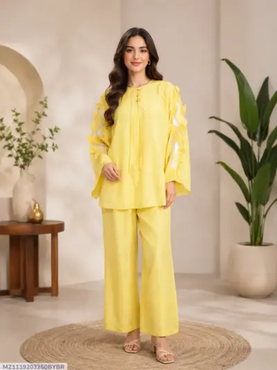 Buy Women Raw Silk Hand Work Suit Yellow 2 Pcs