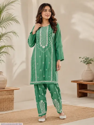 Buy Women Cotton Embroidered 2-Piece Suit Green Multicolor