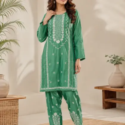 Buy Women Cotton Embroidered 2-Piece Suit Green Multicolor