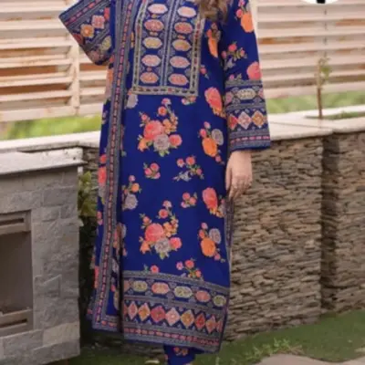 Blue Floral Sequin Embroidered 3-Piece Dobby Lawn Suit with Chiffon Dupatta for Women