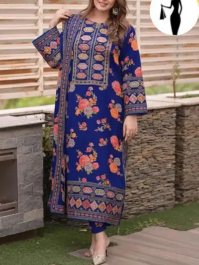 Blue Floral Sequin Embroidered 3-Piece Dobby Lawn Suit with Chiffon Dupatta for Women