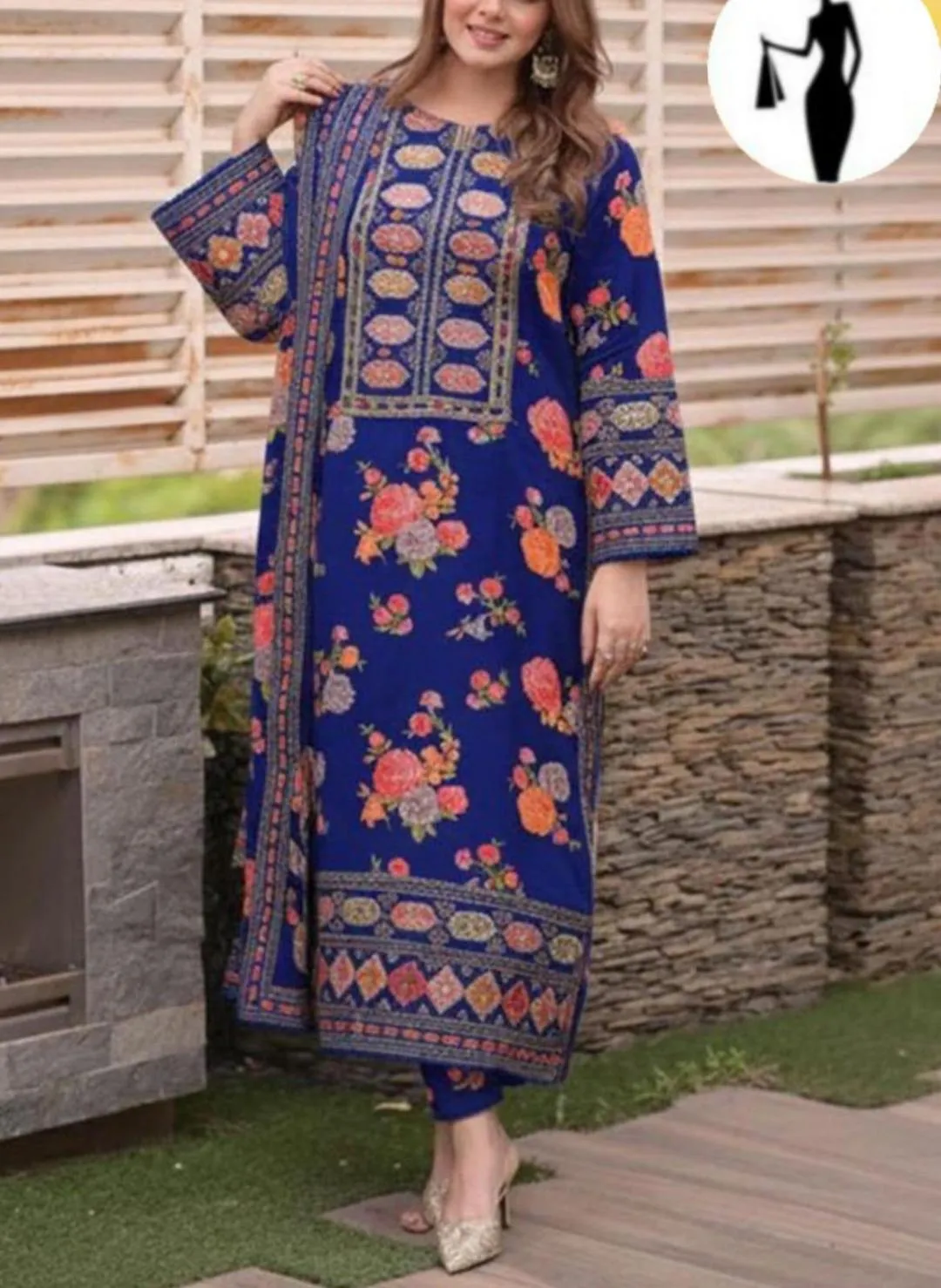 Blue Floral Sequin Embroidered 3-Piece Dobby Lawn Suit with Chiffon Dupatta for Women