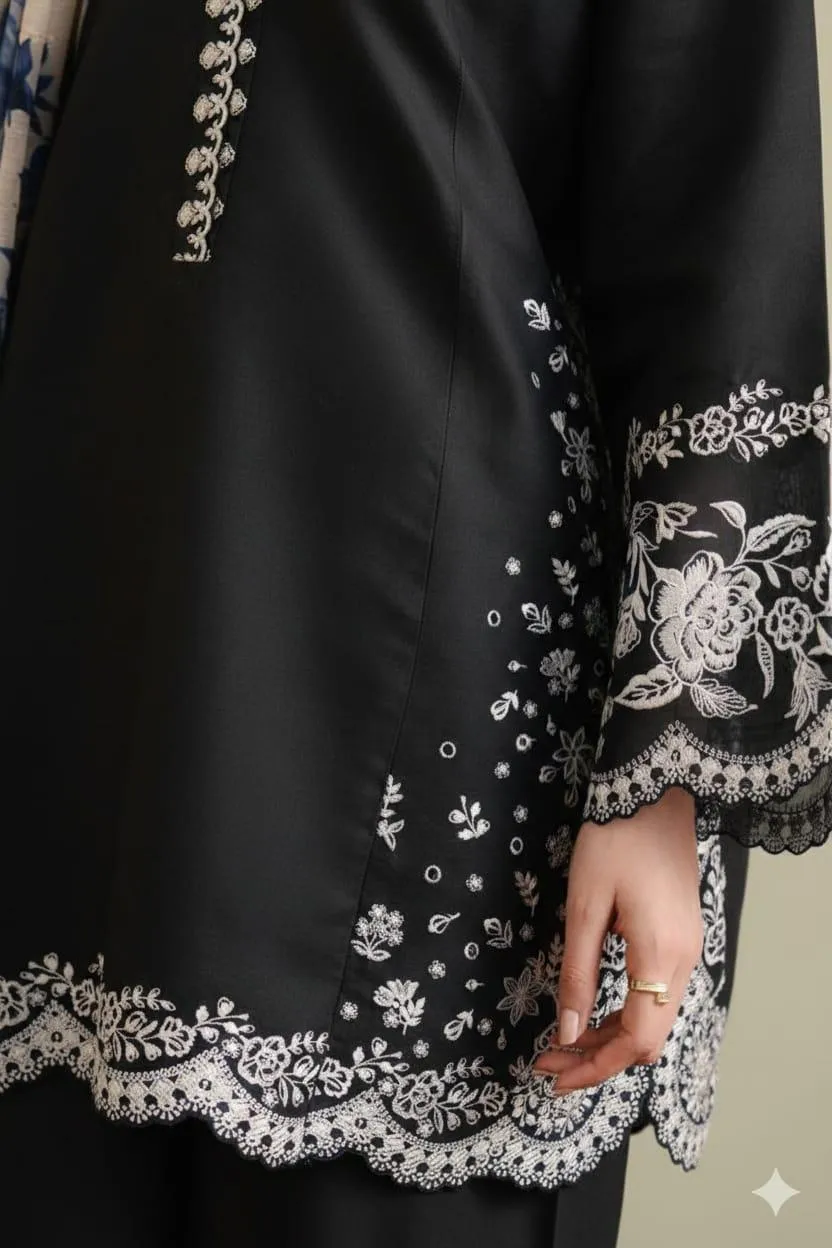 Black Embroidered Lawn 3-Piece Suit with Digital Print Diamond Dupatta for Women