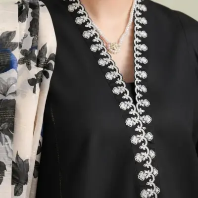 Black Embroidered Lawn 3-Piece Suit with Digital Print Diamond Dupatta for Women