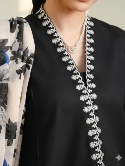 Black Embroidered Lawn 3-Piece Suit with Digital Print Diamond Dupatta for Women