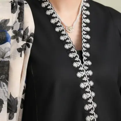 Black Embroidered Lawn 3-Piece Suit with Digital Print Diamond Dupatta for Women