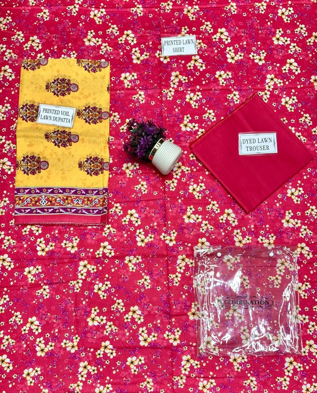 Women 3-Piece Printed Floral Suit Red Dobby Lawn Unstitched Dress