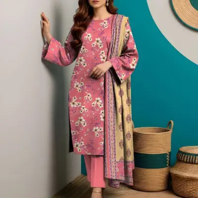Women 3-Piece Printed Floral Suit Red Dobby Lawn Unstitched Dress