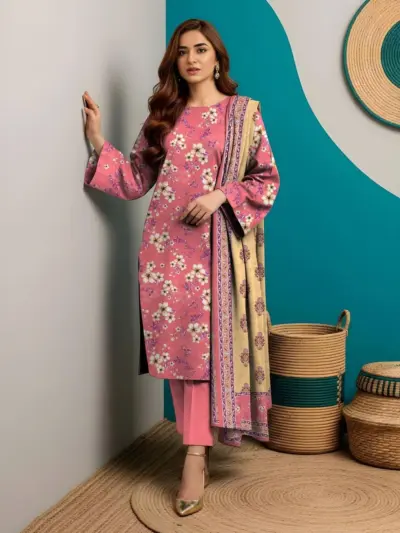 Women 3-Piece Printed Floral Suit Red Dobby Lawn Unstitched Dress