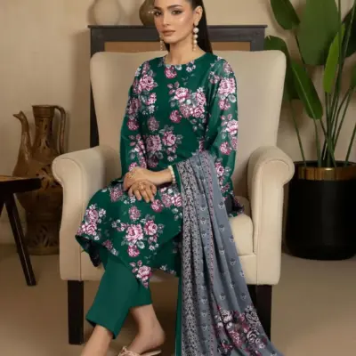 Women Green Printed 3-Piece Dobby Lawn Unstitched Suit Set